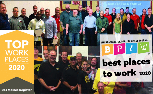 RMH employees are shown in a graphic celebrating the company's awards for Best Workplaces in Des Moines and Minneapolis-St. Paul.