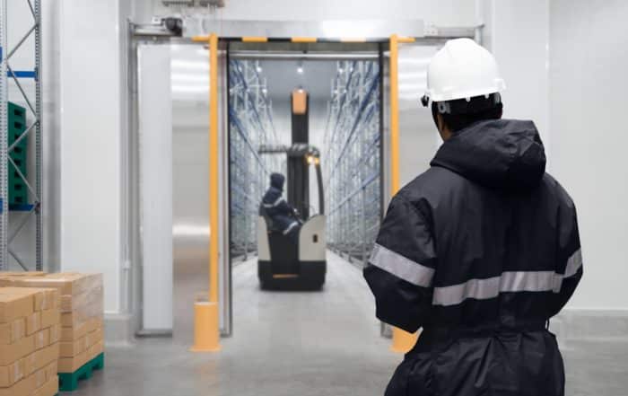 Two men work in a cold storage warehouse.