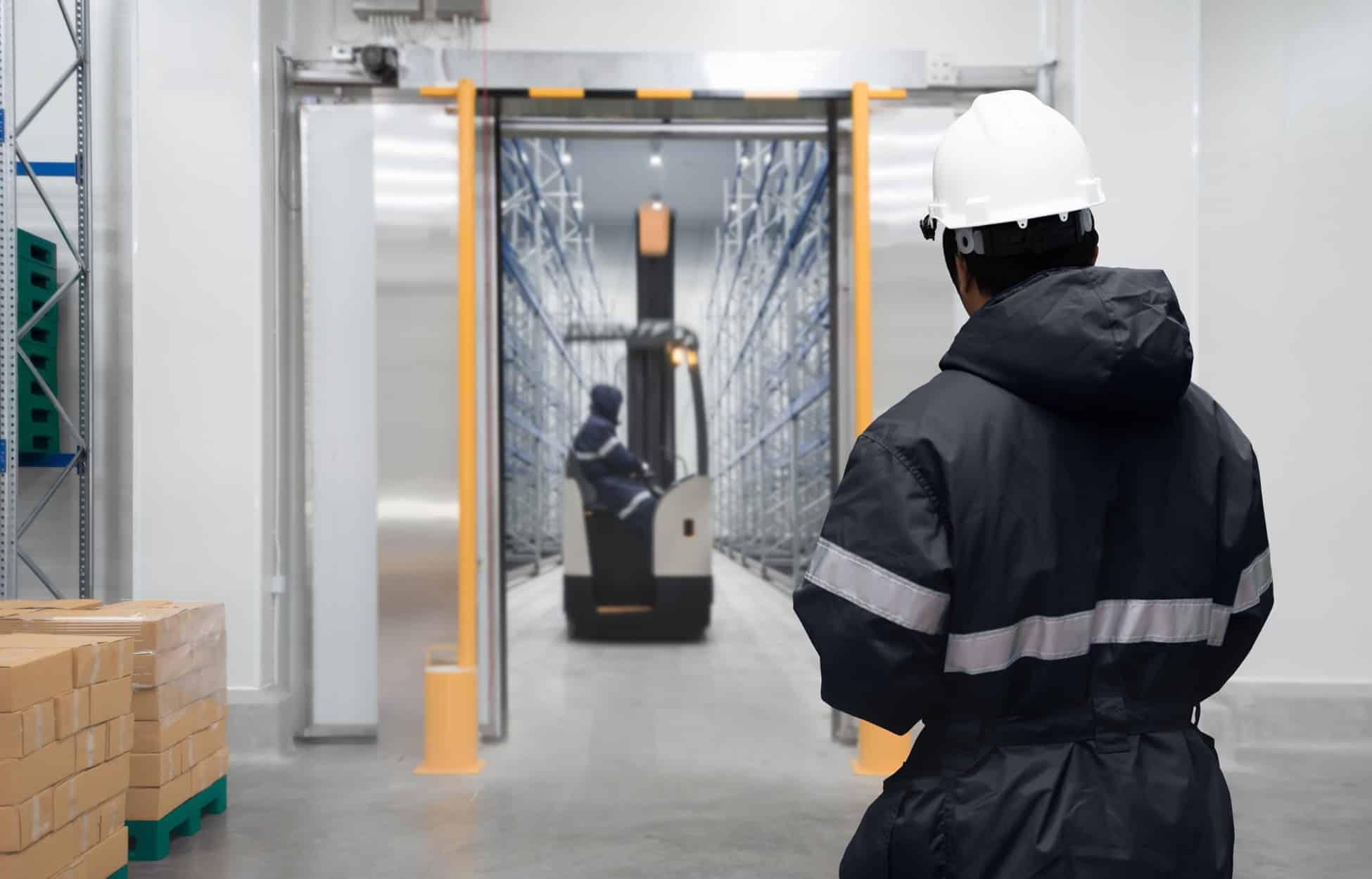 Two men work in a cold storage warehouse.