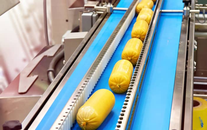 Rolls of meat are moved on a food-grade conveyor.